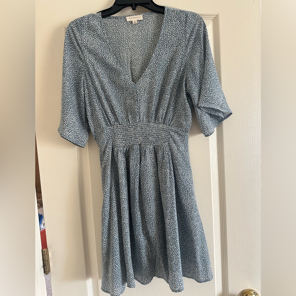 Promesa Size Small
Light, whimsical dress 
Dusty Blue and White